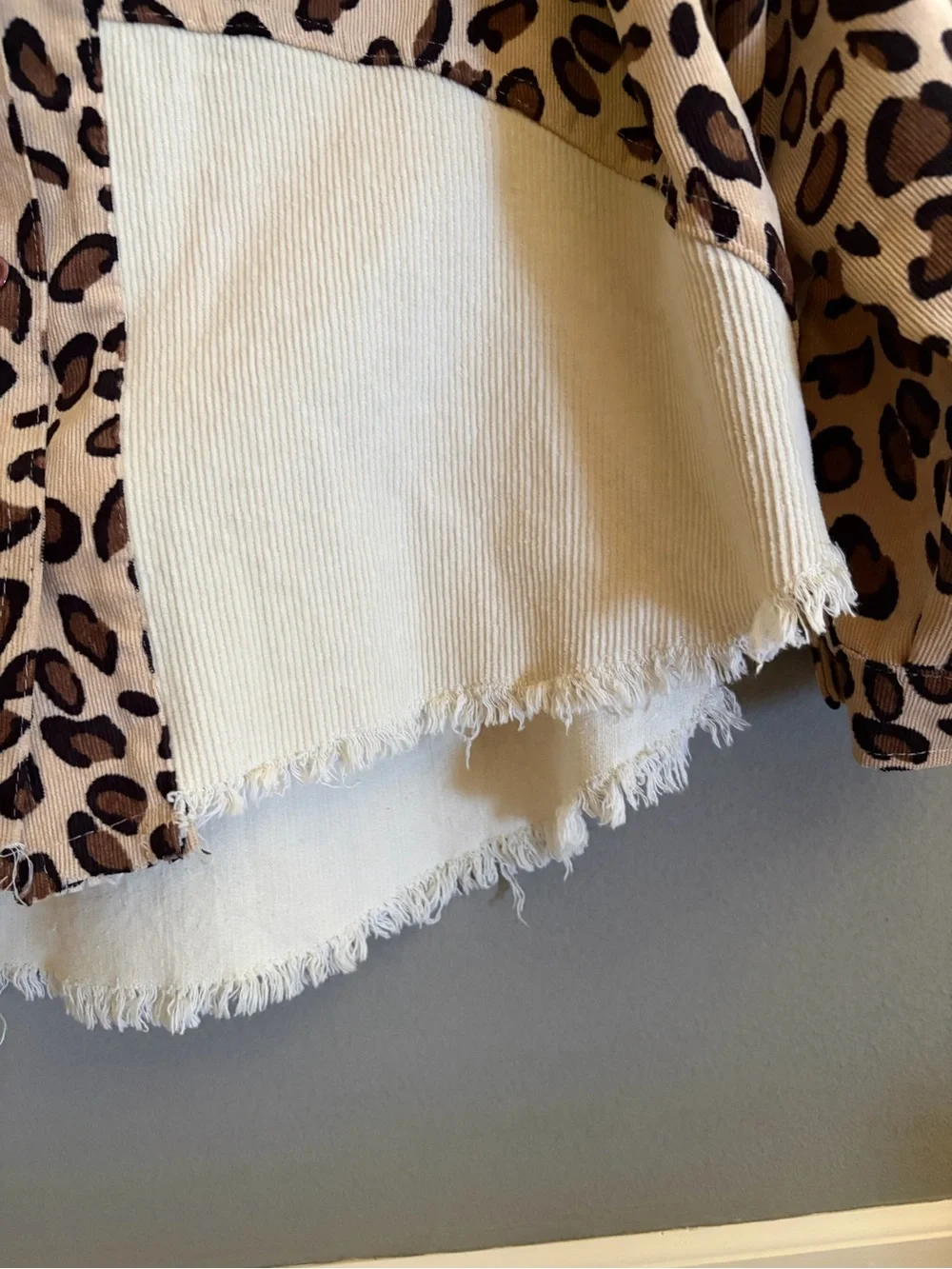 Umgee Leopard & Cream Patchwork Corduroy Shacket Raw Hem Oversized Western Boho - Picture 6 of 12